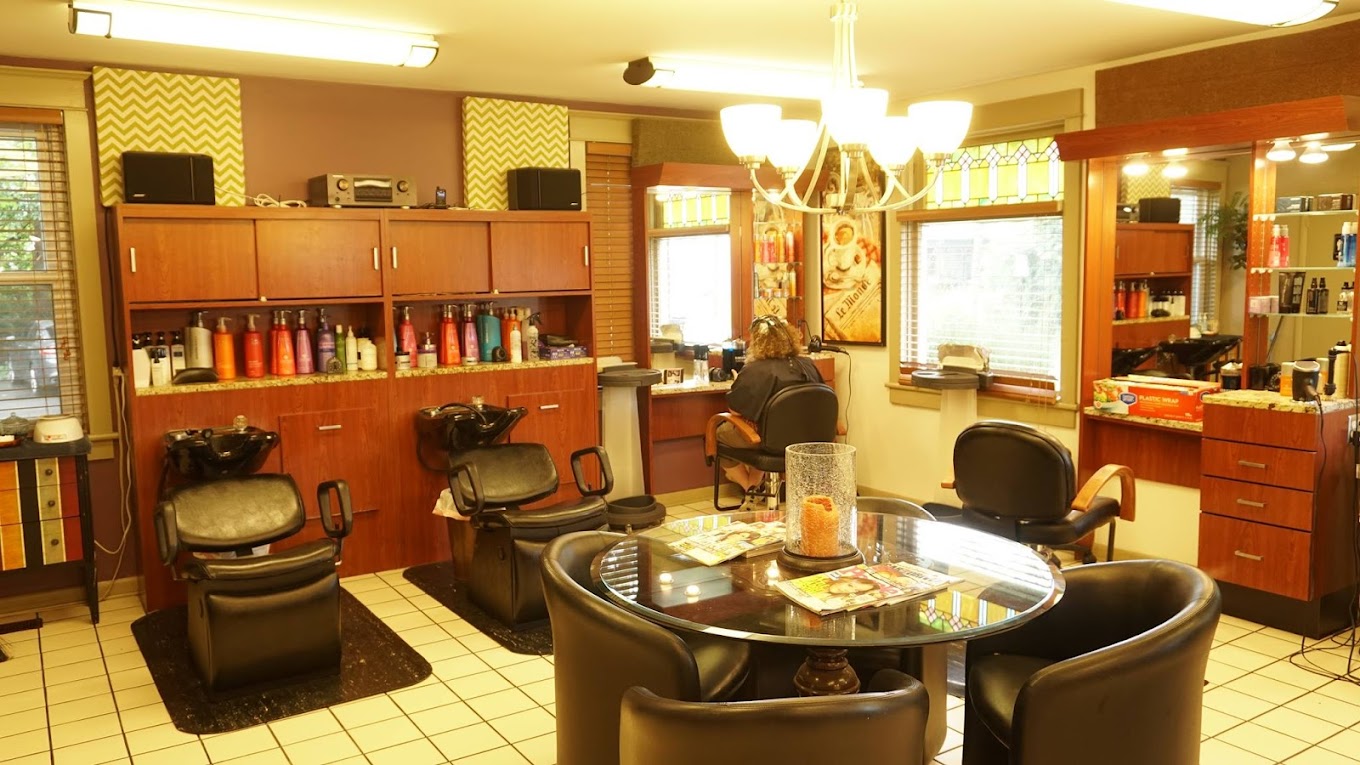 salon area with table in middle